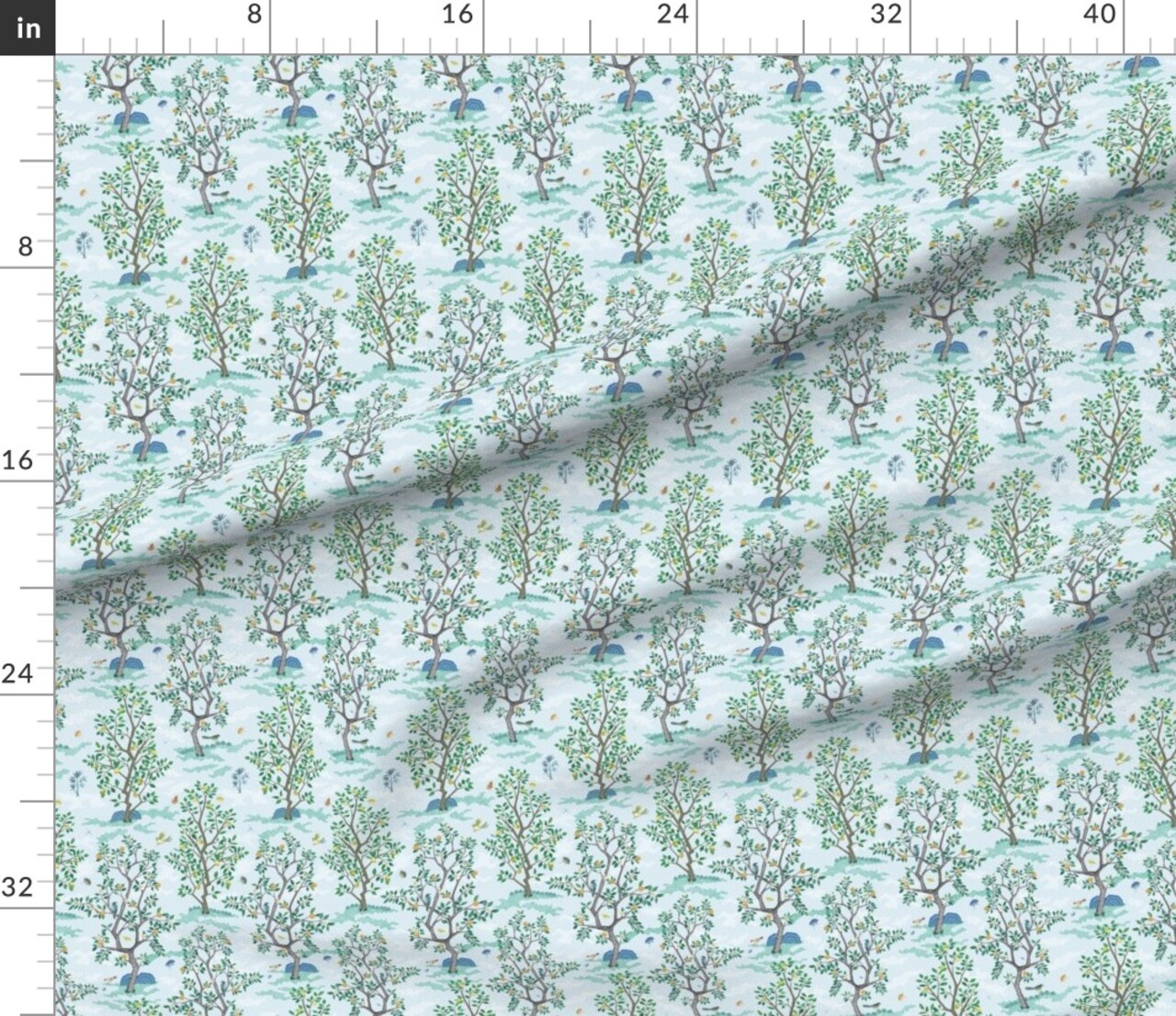 Blue Floral Citrus Tree Botanical Toile Fruit Grove Woodland Farm Lemon Orange Lime Small Scale Custom Printed Fabric by Spoonflower Various Fabrics by the Yard or Fat Quarter